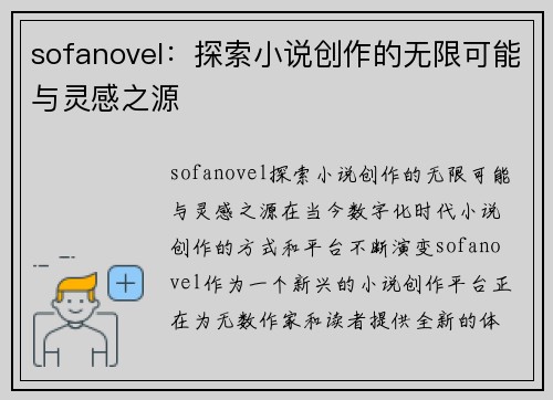 sofanovel：探索小说创作的无限可能与灵感之源